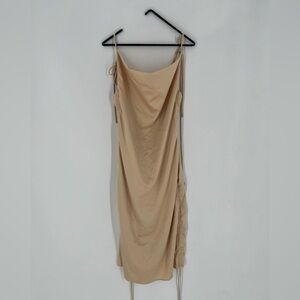 Leau Satin Champagne Strappy Tie Dainty Ruched Cinched Draped Mini Dress